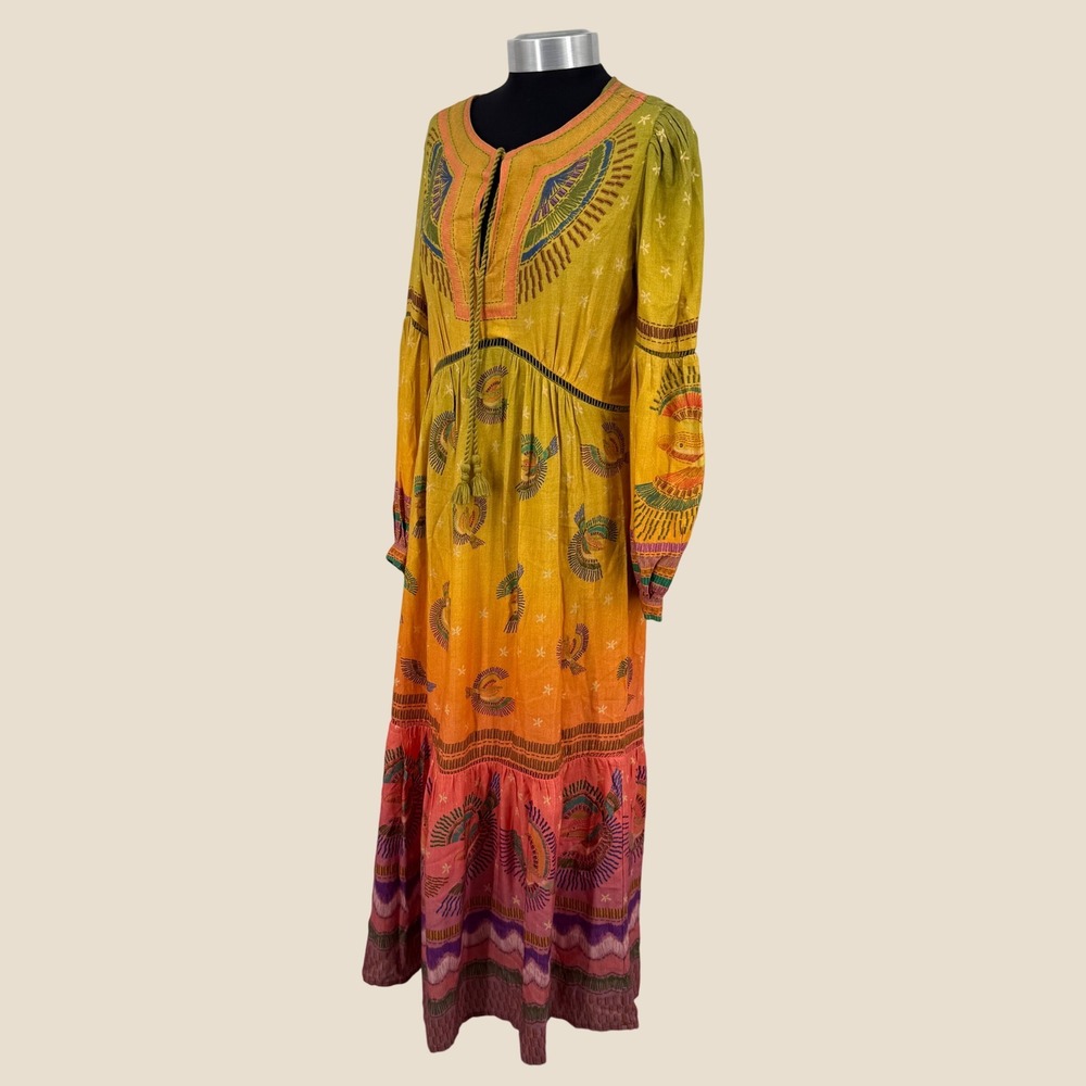 Farm Rio Yellow Ombre Bird Print Metallic Lurex Maxi Dress Womens Medium Boho - Picture 2 of 16